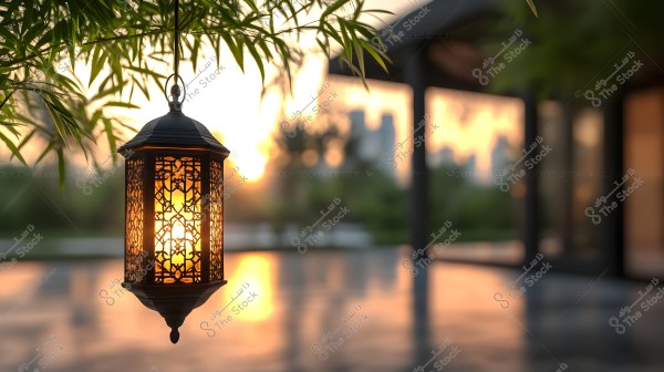 A traditional ornate lantern hanging from a tree branch during sunset. The intricate details of the lantern are highlighted with a warm glow. In the background, blurred outlines of buildings and a garden are visible with the light reflecting on the ground.