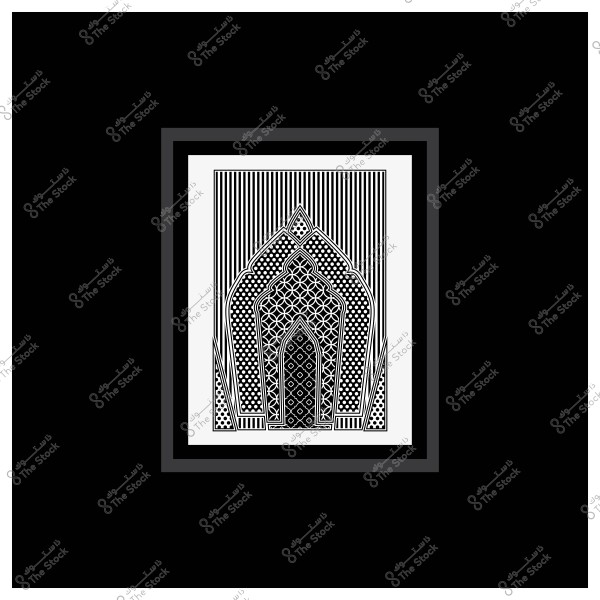 تصميم هندسي بأسلوب الأرابيسك يظهر نمطًا معقدًا يشبه القوس, بالأبيض والأسود.