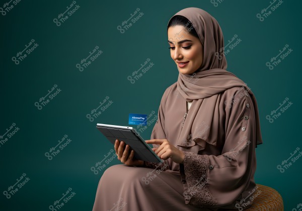 A portrait of a woman wearing a hijab and a brown abaya, sitting on a chair and looking at a tablet she touches with her finger. The background is dark green. A blue card next to the tablet reads \"Alhanoo Pay\".