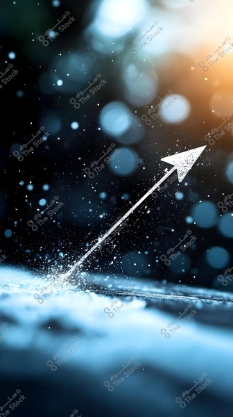 Image of a white upward-slanting arrow surrounded by circular light effects in various colors, such as blue and orange. The background is blurred and filled with scattered dots resembling dust or suspended water droplets, giving an impression of movement and dynamic energy.
