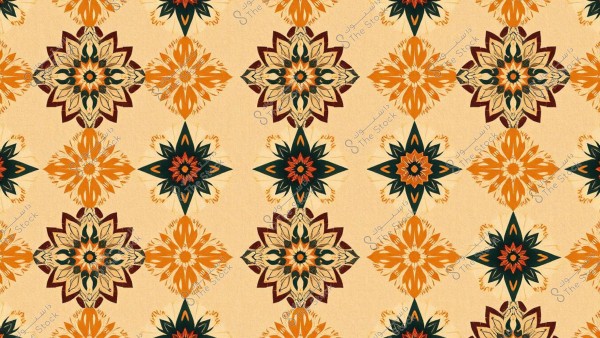 نمط زخرفي يتكون من أشكال نجمية وبألوان برتقالية وخضراء غامقة ومارونية على خلفية بلون البيج الفاتح. التصميم متكرر ويعطي مظهراً تقليدياً وأنيقاً.