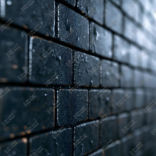 An image of a wall made of dark black bricks. The details of the bricks and water droplets scattered over the surface are clearly visible. The background is blurred, highlighting the focus on the front bricks.