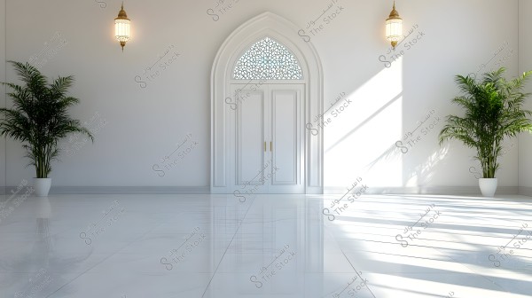 Image of a spacious room with elegant interior design. It features a large door in the center with decorative details at the top. The walls are white, adorned with two golden lamps. There are two potted plants in white pots placed on the sides.