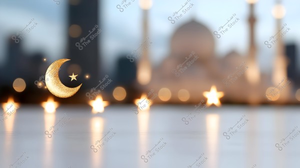 The image features a golden crescent moon with a small shining star beside it, surrounded by a blurred background with lit star-like lights. In the background, there are blurred outlines of structures, including a dome and minaret, evoking an Islamic and spiritual atmosphere.
