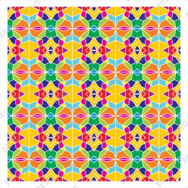 نمط هندسي مُلهم بالعمارة الإسلامية يتضمن أشكالًا متعددة الألوان مثل الأزرق, الأصفر, الأحمر, والبرتقالي متنوعة في تصميم تكراري يخلق تأثيراً بصرياً متناظراً وجذاباً.

-