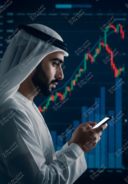 An image of a man wearing a thobe, ghutra, and agal, suggesting a Gulf Arab background. The man is holding a smartphone, looking at it intently. In the background, a financial chart is displayed, showing market movements with colored lines representing market ups and downs.
