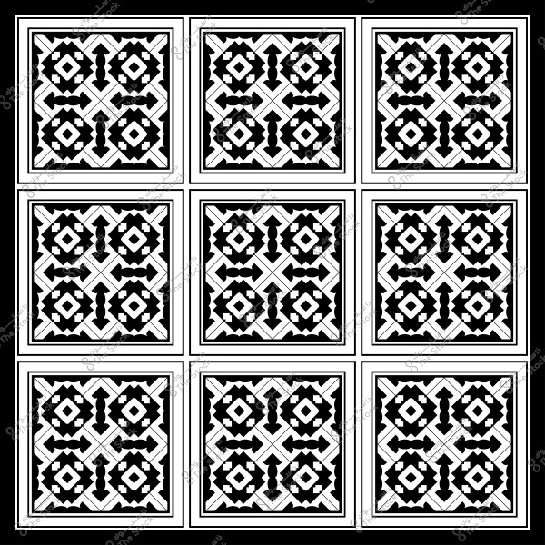 نقش هندسي أبيض وأسود مؤلف من تسعة مربعات بزخارف تقليدية متكررة.