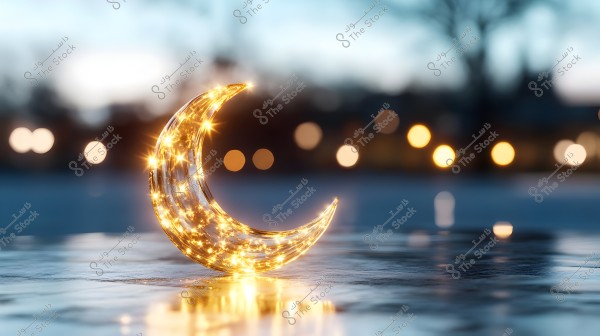 An image of a glass crescent illuminated with shimmering stars on a reflective surface. The background shows a blurred cloudy sky and distant bokeh lights.