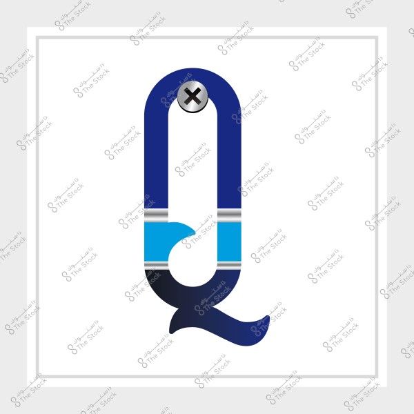 تصميم إبداعي يجمع بين الحرف Q ودبوس أمان, بألوان الأزرق بدرجاته مع مسمار في الأعلى.