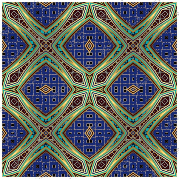نمط هندسي مزخرف بألوان زرقاء وخضراء وذهبية, يتميز بتكرار الأشكال الماسية والتفاصيل المنحنية.