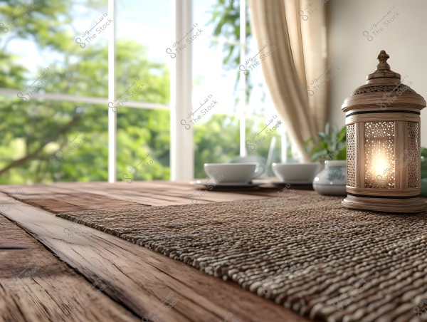 An indoor scene depicting a wooden table with a woven fabric mat. On the table, there is an illuminated decorative lantern and tea sets consisting of saucers and cups. In the background, a glass window shows a view of a lush green landscape with sheer curtains.
