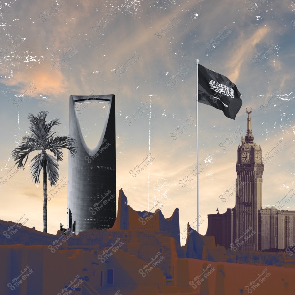 A composite image featuring the Kingdom Tower in Riyadh and the Mecca Clock Tower with a palm tree and the flag of Saudi Arabia in the foreground. The background displays a sky filled with orange clouds at sunset.