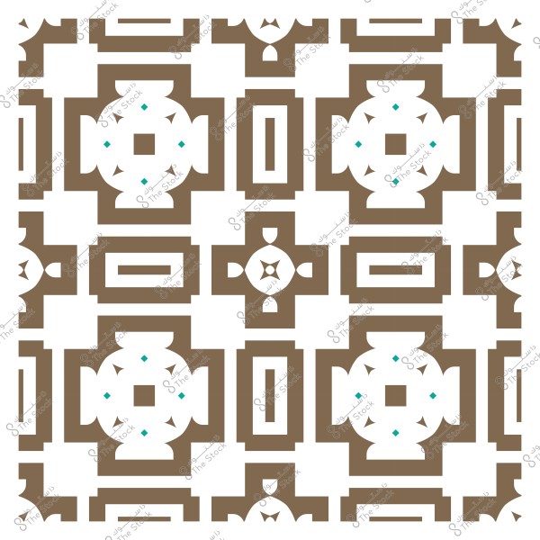 نمط زخرفي هندسي متماثل بأشكال مربعة وعناصر باللون البني والأزرق.