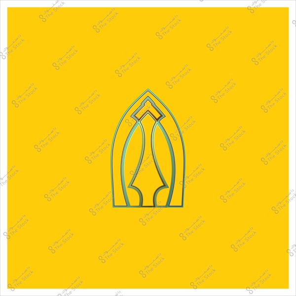 Abstract design on a bright yellow background featuring a geometric shape composed of interlocking blue and white lines resembling a window frame or dome. The shape is positioned in the lower right section of the image.