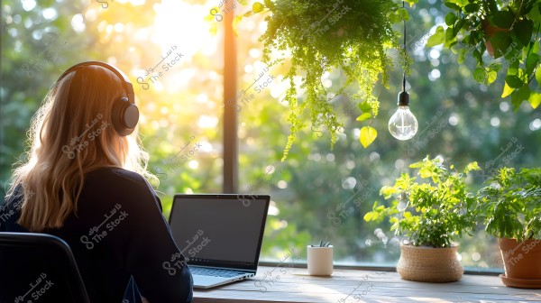 A woman sitting at a desk by a large window, wearing headphones and working on a laptop. Sunlight filters through the green leaves of trees in the background, with houseplants and hanging lights creating a natural and warm atmosphere.