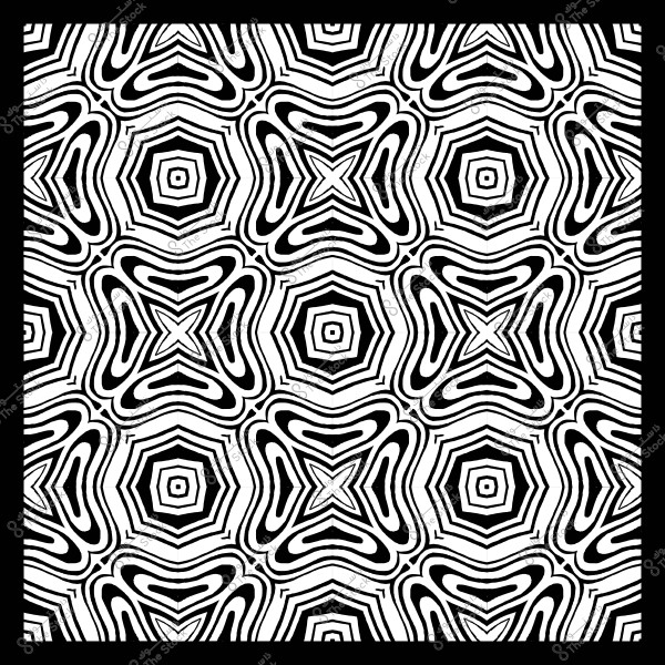 Black and white repetitive pattern with intricately arranged and interlocking geometric shapes.