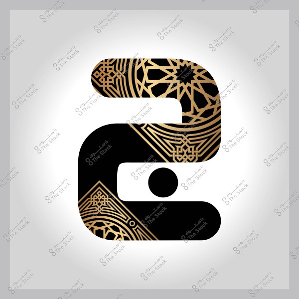 تصميم هندسي للأحرف بالعربية باللون الأسود مع زخارف إسلامية ذهبية على خلفية بيضاء.
