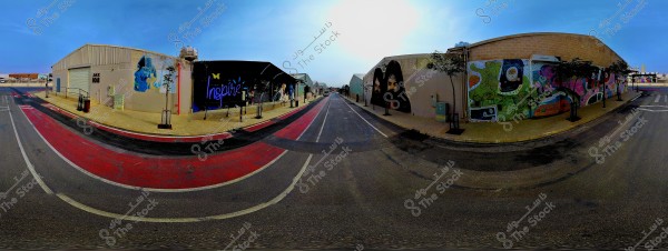 The image shows a street with artistic murals on the walls of buildings on both sides. The left wall features abstract drawings, while the right wall displays portraits of two people with a colorful background design. The sky is clear blue, and there are some trees lined along the sidewalk. The word \"Inspire\" is written in blue neon on the central wall. The sidewalk is paved, and the road features red lines.