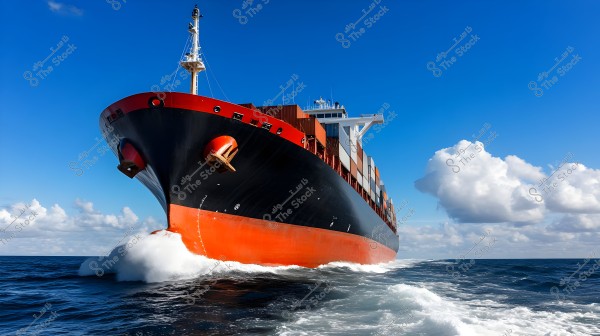 An image showing a large cargo ship sailing in the sea under a clear blue sky with some white clouds. The ship is black and red in color, carrying numerous colorful containers on its deck.