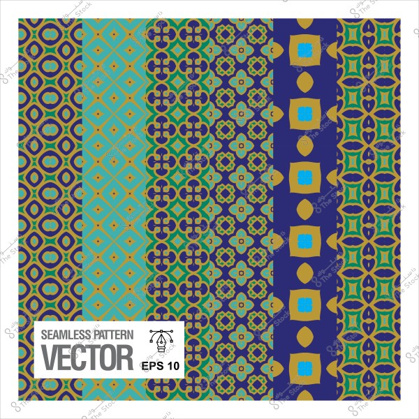 نماذج هندسية متكررة بألوان متعددة تشمل الأزرق والأصفر على خلفية بيضاء.