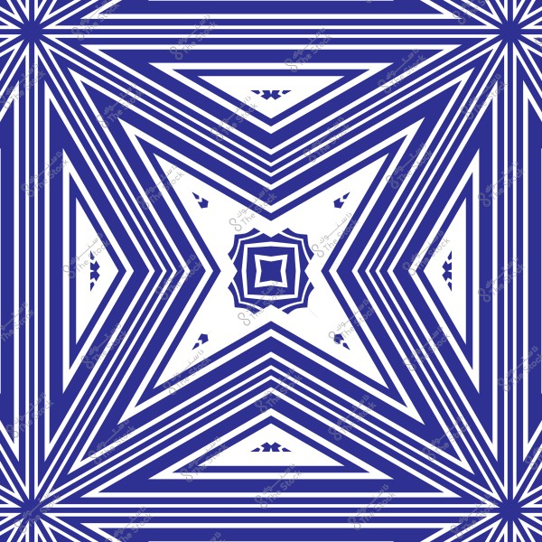 Symmetrical geometric design in blue and white featuring star shapes and interlocking triangles. The design centers around a large star in the middle, surrounded by parallel lines extending towards the edges, creating a harmonious visual effect.