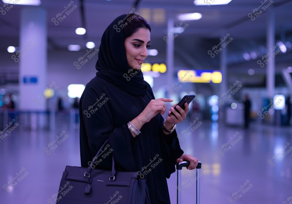 A woman dressed in a black abaya and hijab stands in a modern airport, holding a black handbag and managing a wheeled suitcase. She is focused on her smartphone. Behind her, airport signs and bright lights are visible, reflecting the bustling atmosphere of the airport.