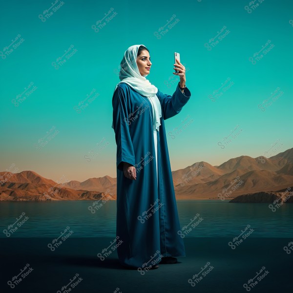 An image of a woman wearing a blue abaya and white hijab, standing by a lake and taking a picture with her phone. The background features a mountain range and a clear blue sky.