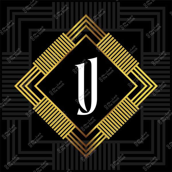 A geometric design featuring a large white letter \"J\" in the center of a black square. The letter is surrounded by a gold square frame with parallel lines creating an interlocking pattern, reminiscent of art deco design.