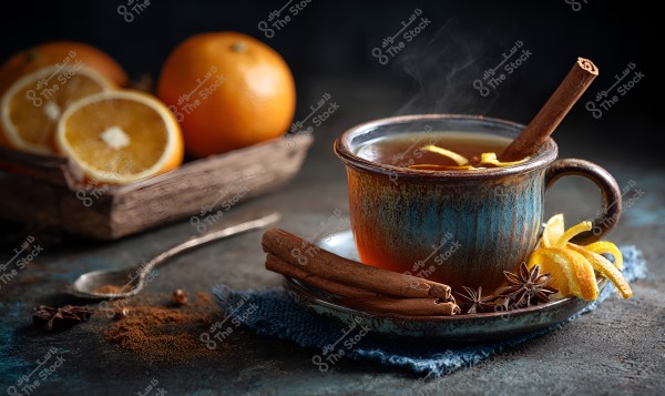 An image of a ceramic mug containing a hot beverage, garnished with orange peel and a cinnamon stick. Steam is rising from the mug, which sits on a small plate beside slices of orange peel, star anise, and cinnamon sticks. In the background, there is a wooden box containing two oranges, one of which is cut in half. A silver spoon and a sprinkle of cinnamon powder are nearby on the dark surface.