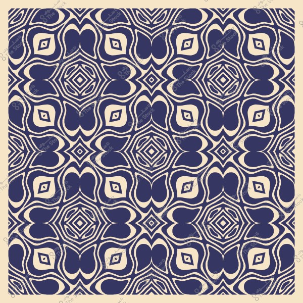 نمط زخرفي بأشكال هندسية متماثلة باللون الأزرق الداكن على خلفية بيضاء.