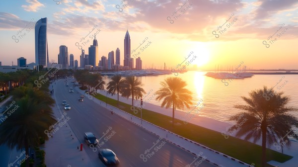 A view of a modern coastal city during sunset. The image features skyscrapers with various architectural designs, a busy road lined with cars and palm trees. The sea reflects the golden sunlight with small boats docked near the shore, and the sky is lightly clouded with the bright sun on the horizon.