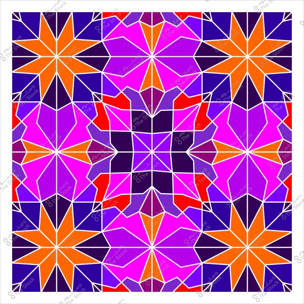 نمط هندسي ملون يظهر تصميم متكرر يتكون من نجوم برتقالية وزهور أرجوانية وفوشيا, محاط بخطوط بيضاء تخلق تأثيراً متماثلاً ومعقداً. الألوان الزاهية تشمل البنفسجي والأحمر والأزرق الداكن.

-