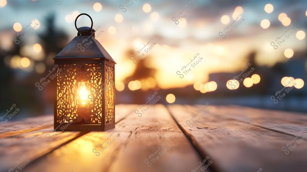 A decorative lantern lit from within sits on a wooden table at sunset. The sky is painted with warm sunset colors and features blurred light orbs in the background, creating a serene and festive atmosphere.