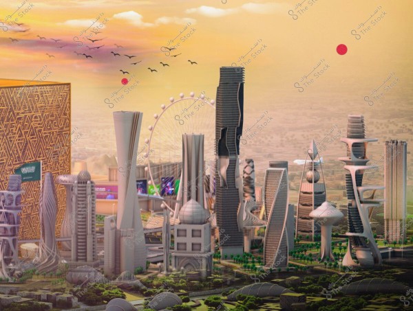 ** An image of a futuristic city with modern and intricate architectural designs, featuring tall buildings with various geometric shapes such as cylindrical, triangular, and spherical towers. In the background, a panoramic skyline with a sunset and flocks of birds in the sky. The scene reflects an atmosphere of innovation and urban development.\r\n\r\n**