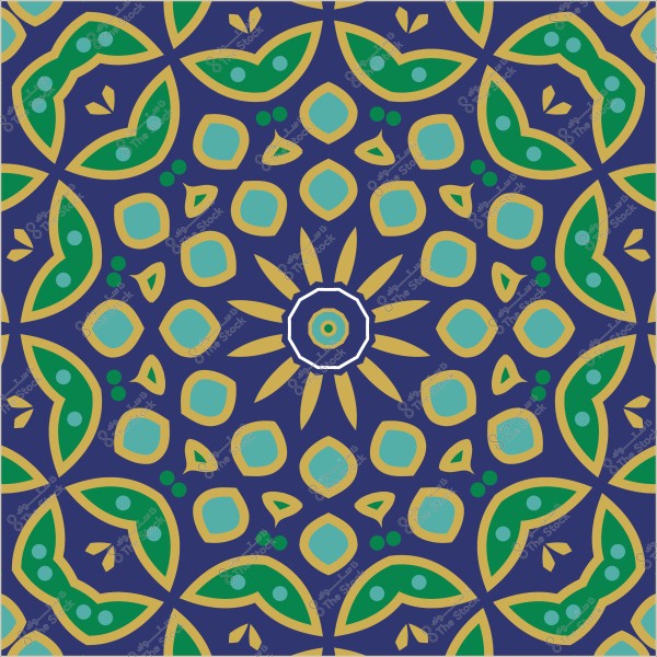 تصميم زخرفي إسلامي بألوان زرقاء وخضراء وصفراء, يتضمن نمطاً متكرراً بتفاصيل هندسية وزهرية.