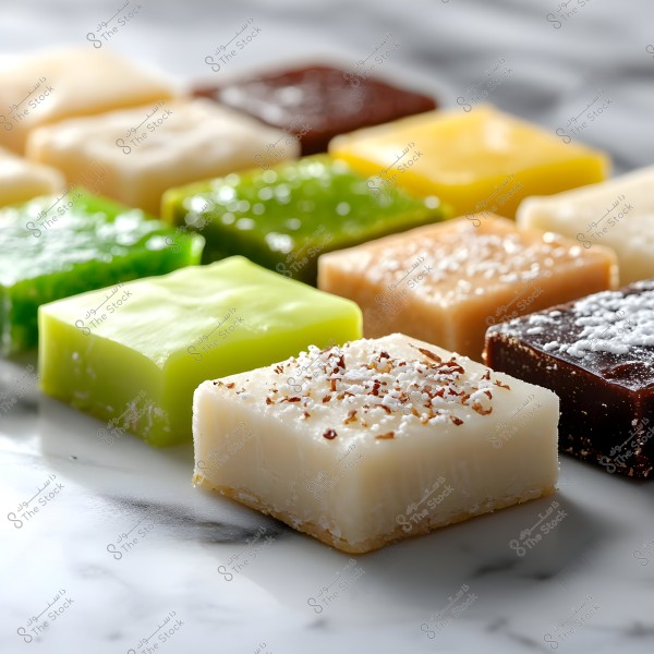 Colorful square-shaped pieces of sweets arranged on a white marble surface. The sweets are in various colors such as green, brown, yellow, and white, with some pieces topped with shredded coconut.