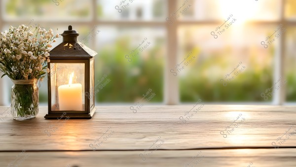 A metal lantern with a lit candle inside is placed on a wooden table next to a glass jar filled with small white flowers. In the background, there is a window revealing a garden under the setting sunlight.