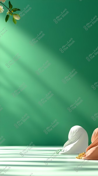 Image with a green background featuring long shadows. In the top left corner, there is a tree branch with green leaves and white flowers. At the bottom right, there is a pile of fabrics in white and orange, with colored beads placed beside them.