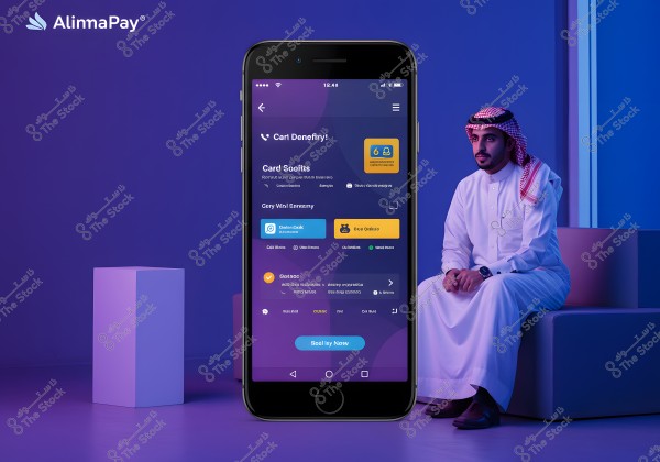 The image shows a smartphone displaying a financial app with text and buttons, featuring a modern color scheme. To the right, a man in traditional Gulf attire, wearing a white thobe and a red and white shemagh, suggesting Saudi or Gulf origin, is seated in a room illuminated with purple and blue hues. The \"AlimaPay\" logo is visible in the top left corner.