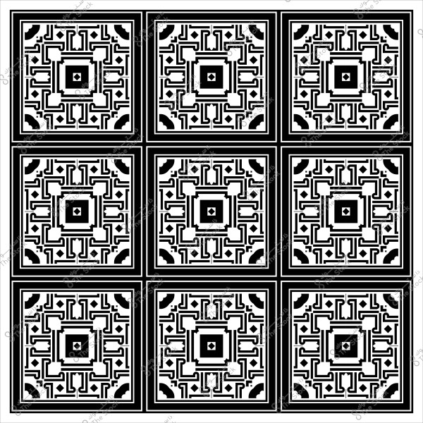 تصميم فسيفساء بأشكال هندسية متكررة بالأبيض والأسود داخل تسعة مربعات.