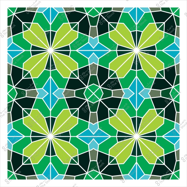 تصميم فسيفساء إسلامي بألوان الأخضر والأزرق بتفاصيل هندسية معقدة.