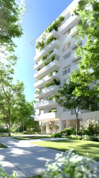 A modern multi-story residential building with balconies adorned with trees and green plants. The building features a sleek white design and overlooks green spaces and a garden filled with trees and grass. The sky is blue and clear, adding a bright and fresh atmosphere to the scene.