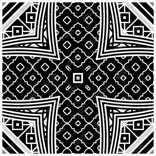 A black and white geometric decorative pattern with intricate symmetrical lines and shapes resembling traditional Islamic design.