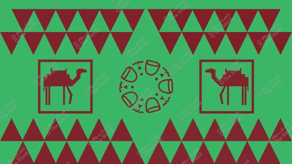 تصميم فني يتضمن نمطاً ثقافياً بألوان خضراء وبنية داكنة. يظهر في الوسط دائرة تحتوي على رسومات لأكواب القهوة وأشكال هندسية صغيرة منتشرة حولها. هناك صورتان على الجانبين لجملين داخل إطارين مربعين. التصميم كله محاط بنماذج مثلثة الشكل على الأطراف العلوية والسفلية.