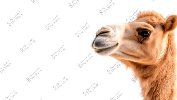 Close-up image of a young camel\'s head with light brown color, showing the details of its face clearly against a white background. The image highlights its large eye, nose, and lips, along with its silky fur.