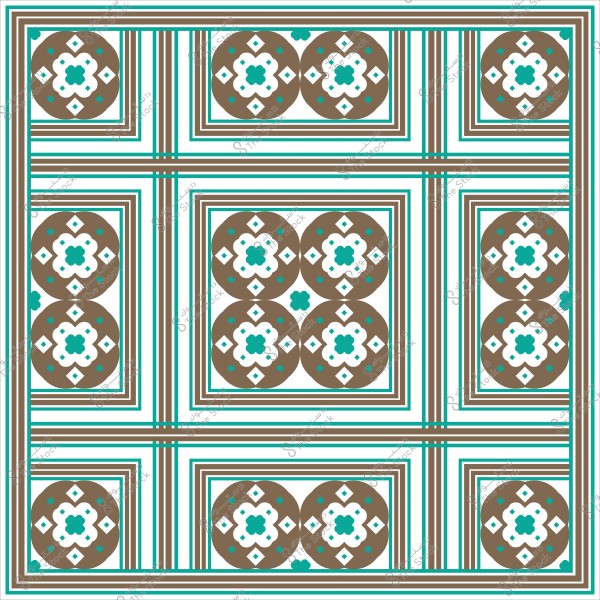 نقش هندسي مكون من دوائر وزخارف باللونين البني والأزرق مع خطوط متوازية.