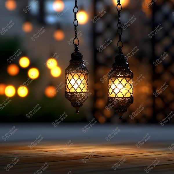 Two traditional illuminated lanterns hanging from chains, designed with distinctive Arabic geometric patterns, creating a warm and romantic atmosphere. Warm lights are scattered in the background with a wooden surface beneath the lanterns.