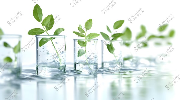 The image shows several glass jars filled with water containing green plant sprouts. The sprouts consist of several vibrant green leaves and are arranged in a neat row. The water reflects light beautifully, adding shimmer to the image.