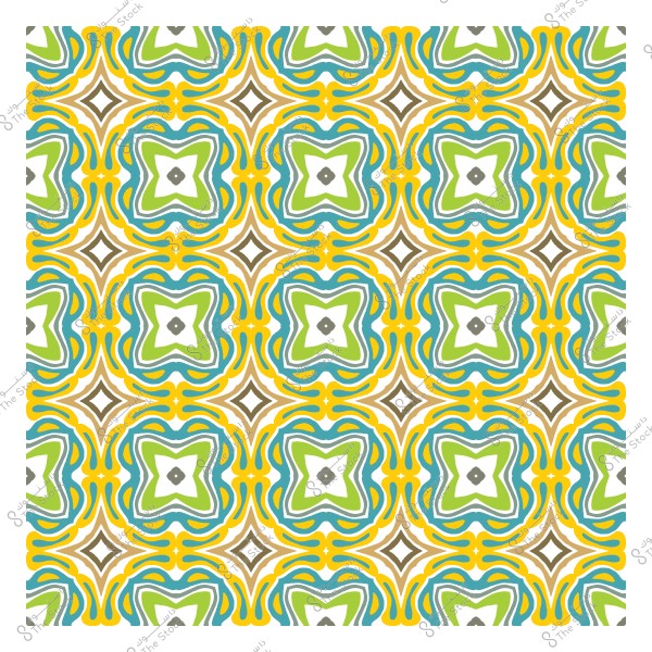 Colorful decorative pattern with symmetrical geometric shapes in yellow, green, and blue.