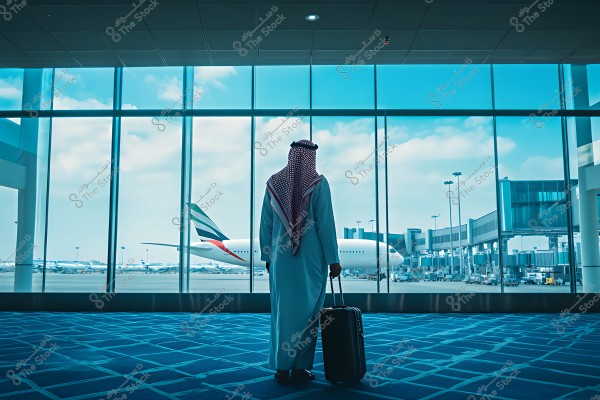 The image shows a man wearing a white thobe and ghutra standing in an airport holding a suitcase next to a large window overlooking an Emirates airplane. The scene reflects a travel atmosphere and the readiness for departure with the aircraft in the background.